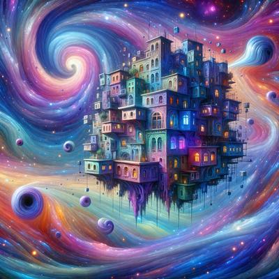 The primary subject of the image is a large, colorful building with many windows and doors. The building is situated in a vibrant, swirling, and colorful background, which adds to the overall atmosphere of the scene. The visual style of the image is digital art, as it appears to be a computer-generated or digitally painted illustration. The colors and mood of the image are lively and energetic, with a strong focus on the building and its unique design.